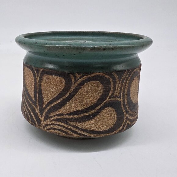 Handmade Green & Brown Ceramic Vase Pot With Textured Floral Design Signed - Picture 4 of 9